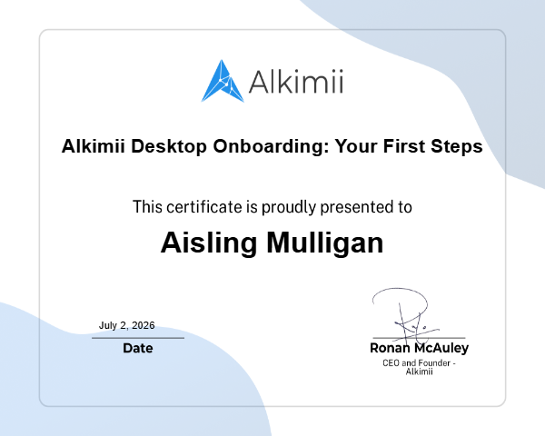Alkimii Desktop Onboarding: Your First Steps Certificate