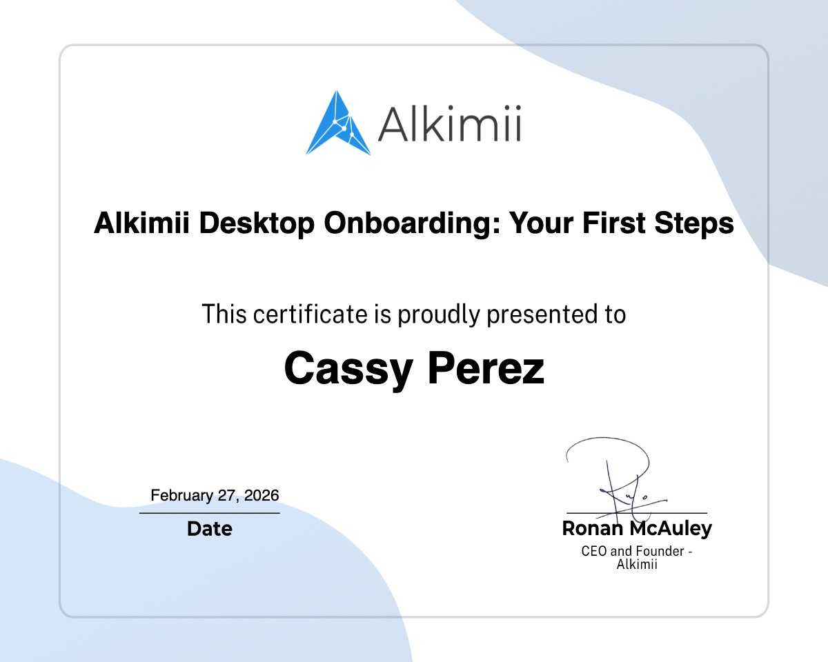 Alkimii Desktop Onboarding: Your First Steps Certificate