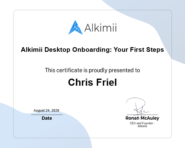 Alkimii Desktop Onboarding: Your First Steps Certificate