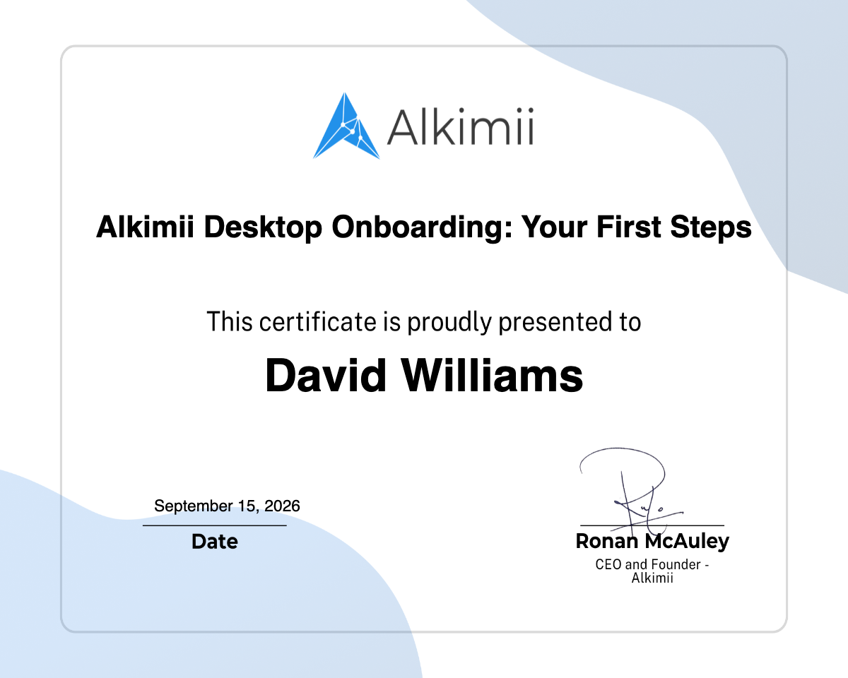 Alkimii Desktop Onboarding: Your First Steps Certificate