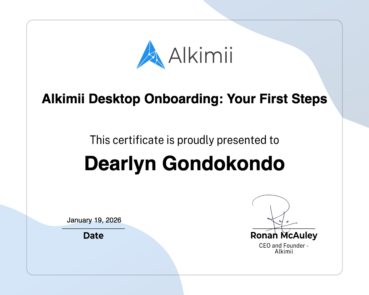 Alkimii Desktop Onboarding: Your First Steps Certificate