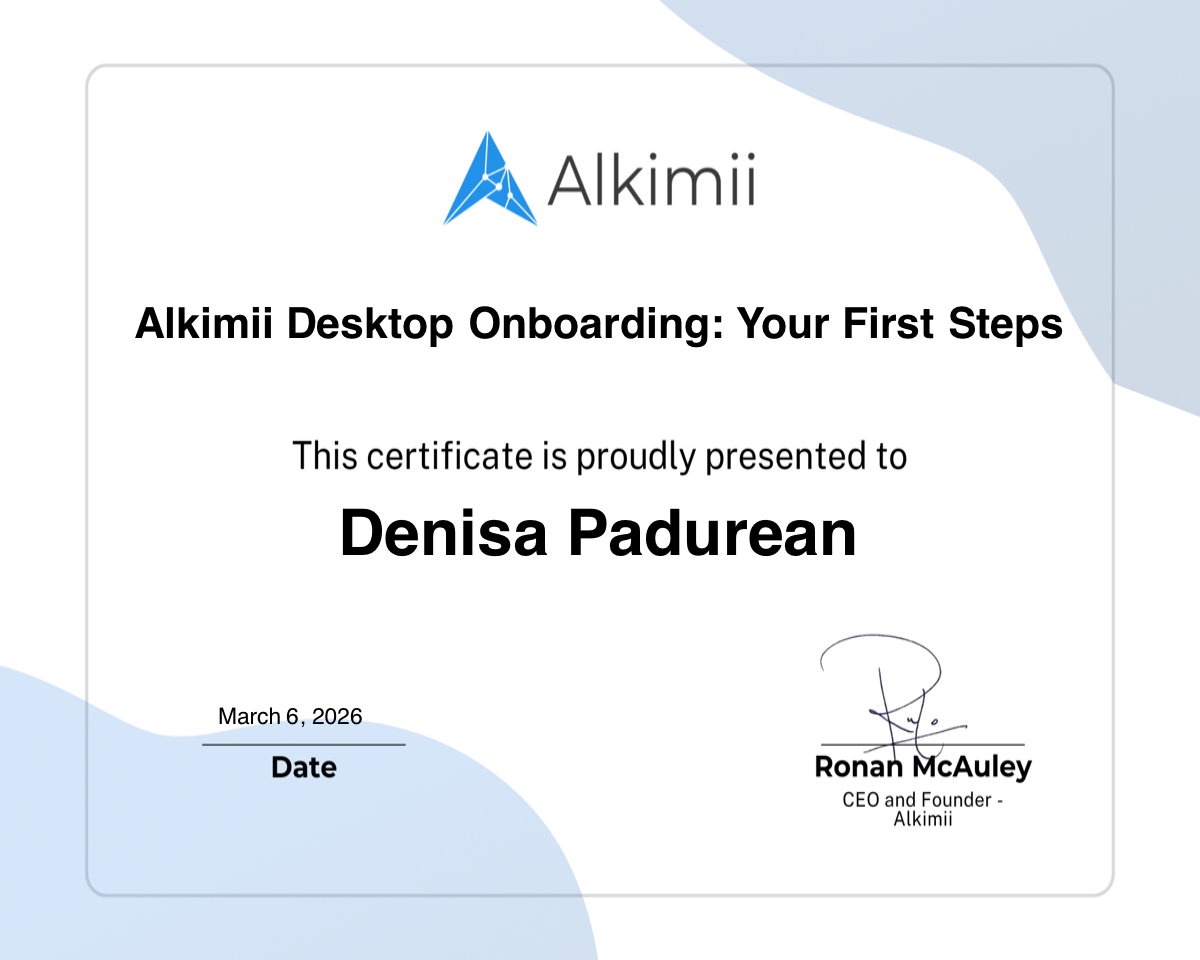 Alkimii Desktop Onboarding: Your First Steps Certificate