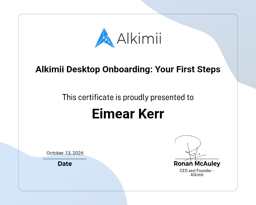 Alkimii Desktop Onboarding: Your First Steps Certificate
