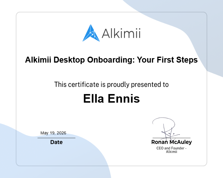 Alkimii Desktop Onboarding: Your First Steps Certificate
