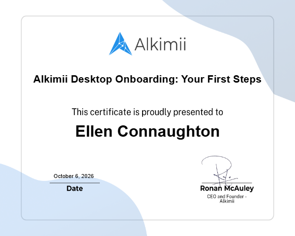 Alkimii Desktop Onboarding: Your First Steps Certificate