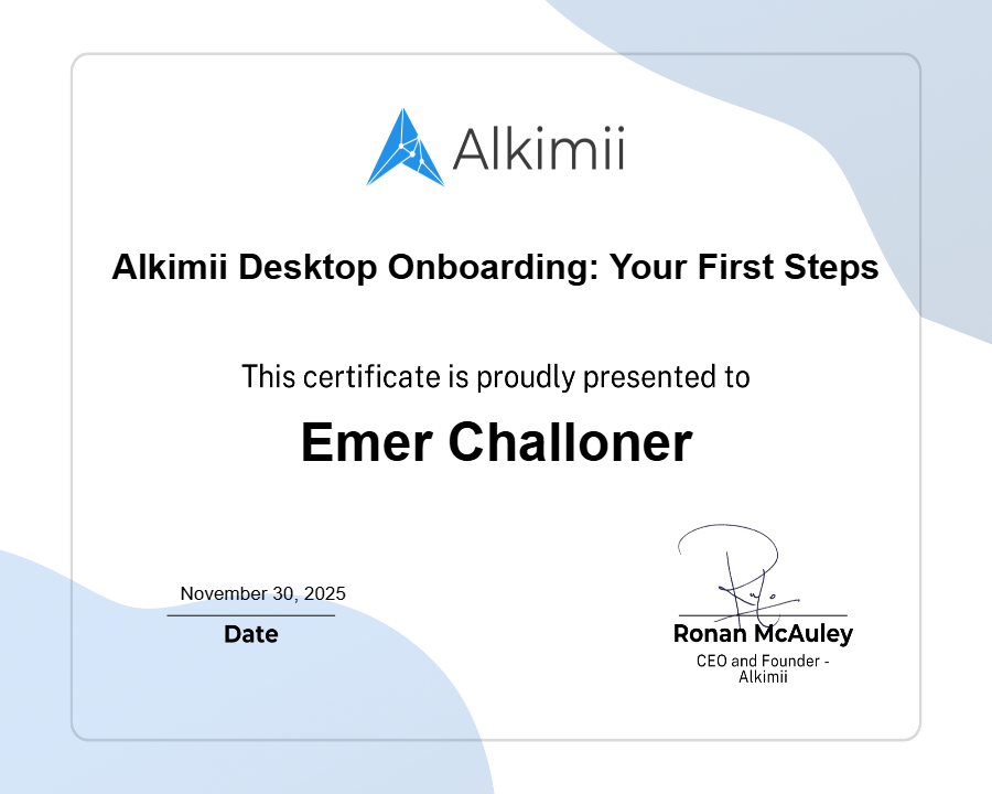 Alkimii Desktop Onboarding: Your First Steps Certificate