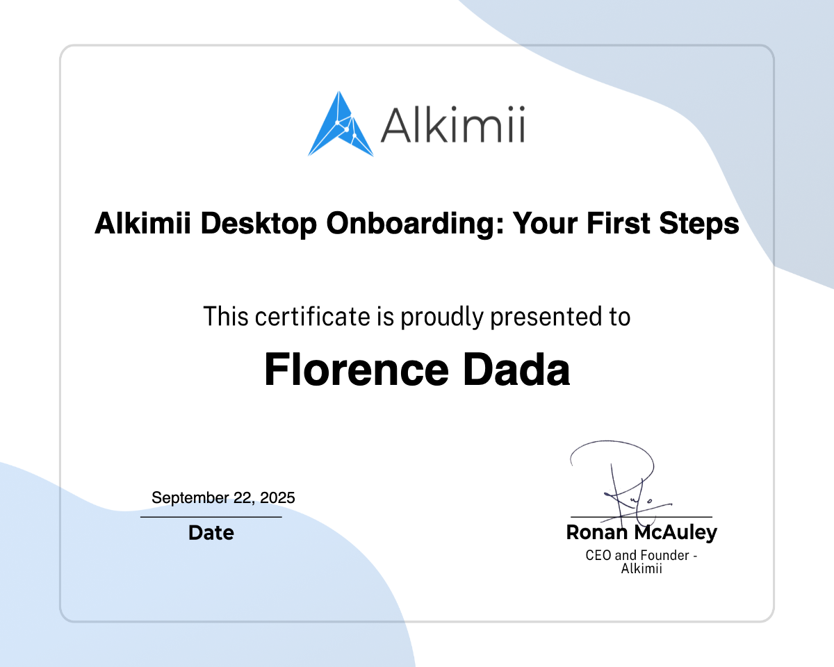 Alkimii Desktop Onboarding: Your First Steps Certificate