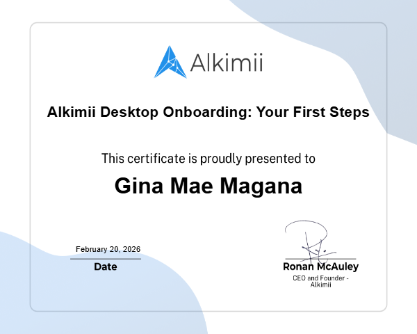 Alkimii Desktop Onboarding: Your First Steps Certificate