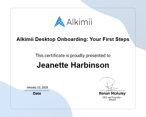Alkimii Desktop Onboarding: Your First Steps Certificate