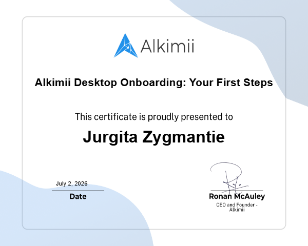 Alkimii Desktop Onboarding: Your First Steps Certificate