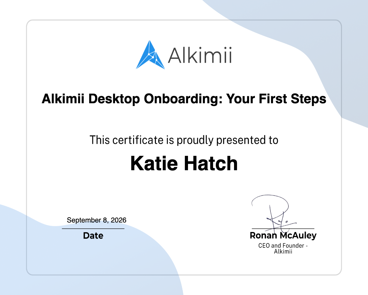Alkimii Desktop Onboarding: Your First Steps Certificate