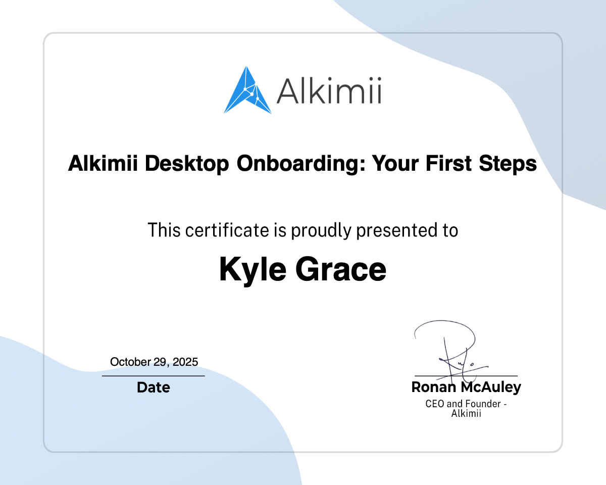 Alkimii Desktop Onboarding: Your First Steps Certificate