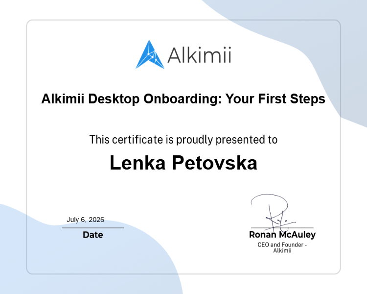Alkimii Desktop Onboarding: Your First Steps Certificate