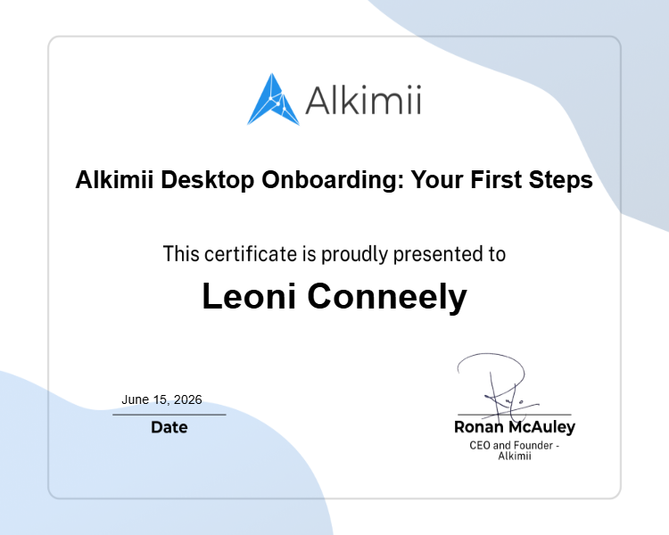 Alkimii Desktop Onboarding: Your First Steps Certificate