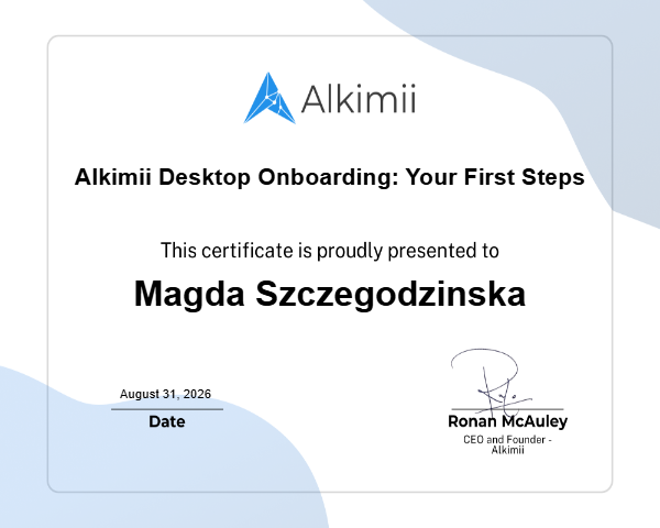Alkimii Desktop Onboarding: Your First Steps Certificate