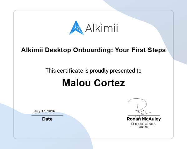 Alkimii Desktop Onboarding: Your First Steps Certificate