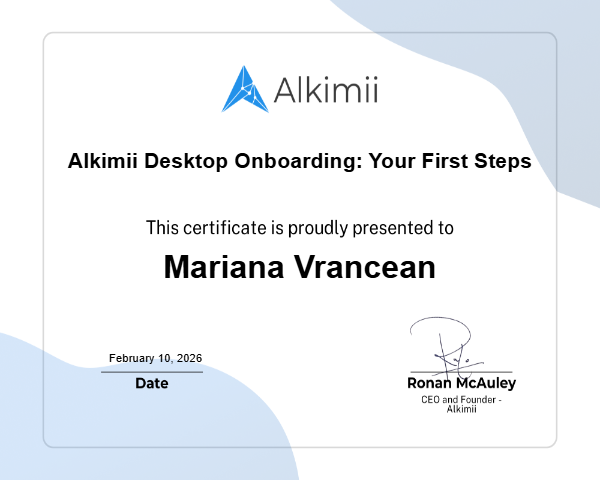 Alkimii Desktop Onboarding: Your First Steps Certificate