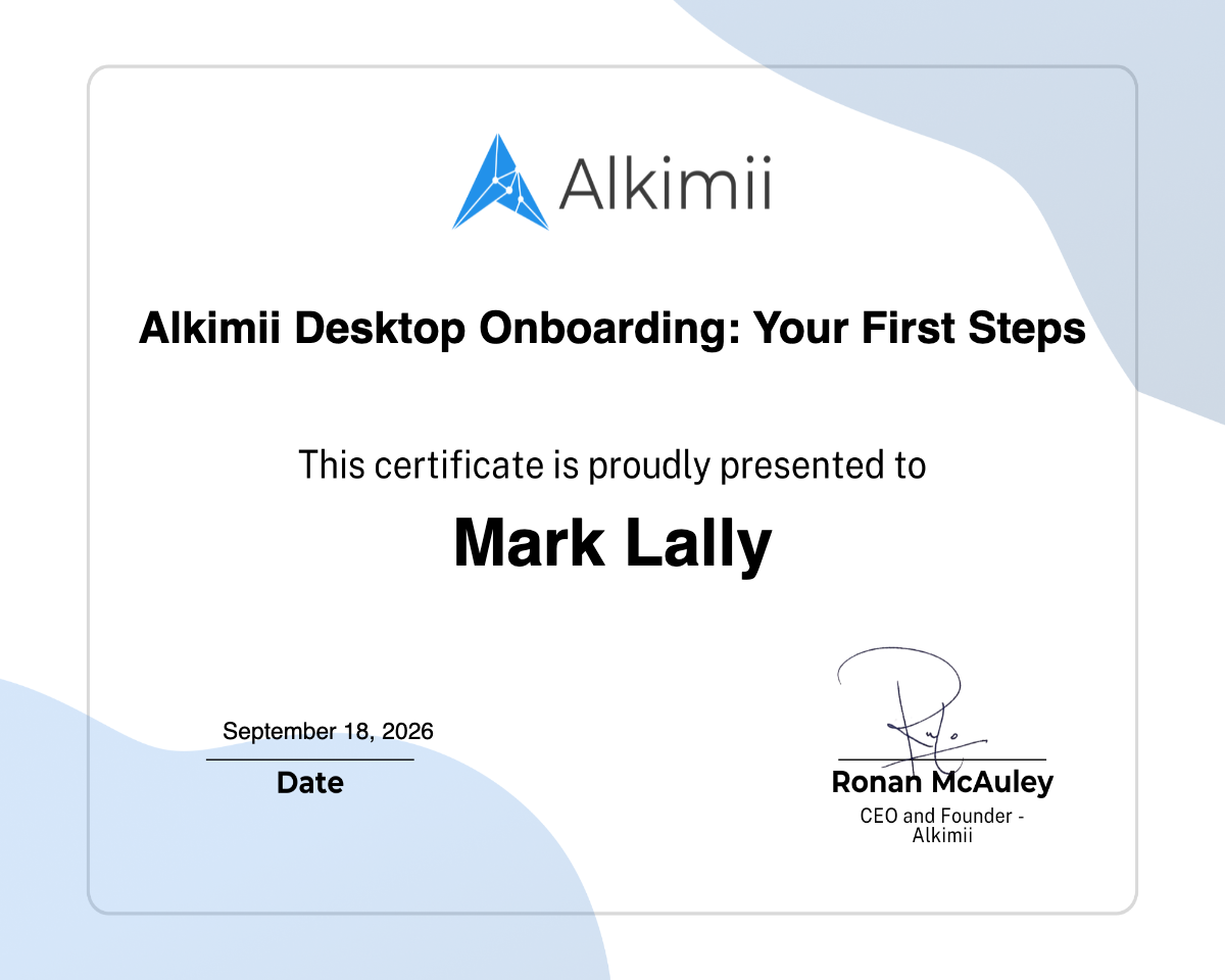 Alkimii Desktop Onboarding: Your First Steps Certificate