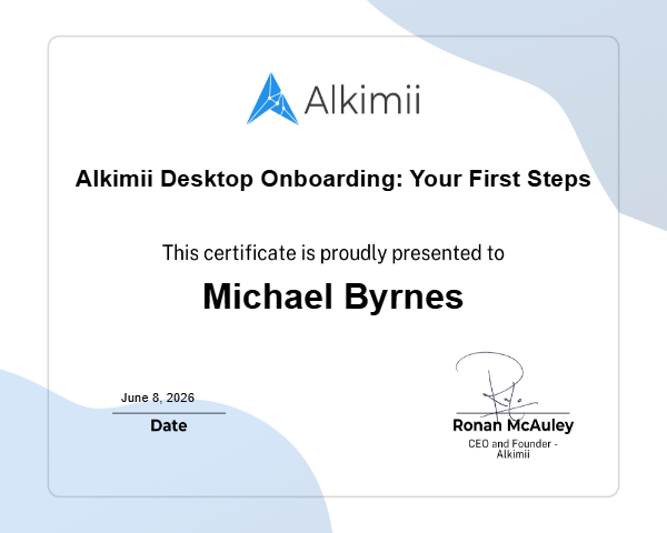 Alkimii Desktop Onboarding: Your First Steps Certificate