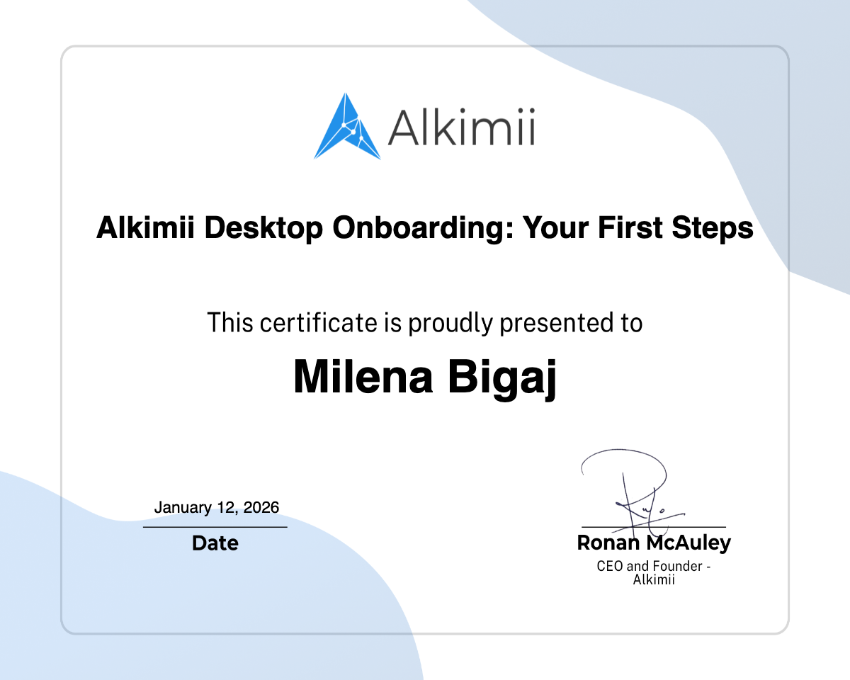 Alkimii Desktop Onboarding: Your First Steps Certificate