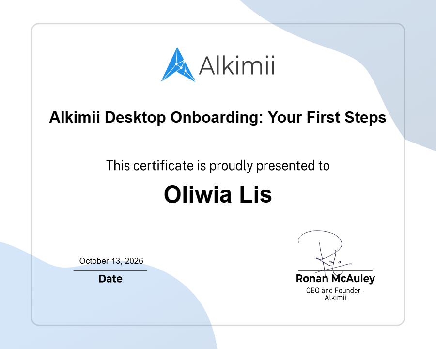 Alkimii Desktop Onboarding: Your First Steps Certificate