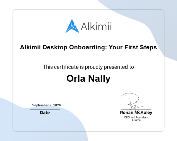 Alkimii Desktop Onboarding: Your First Steps Certificate