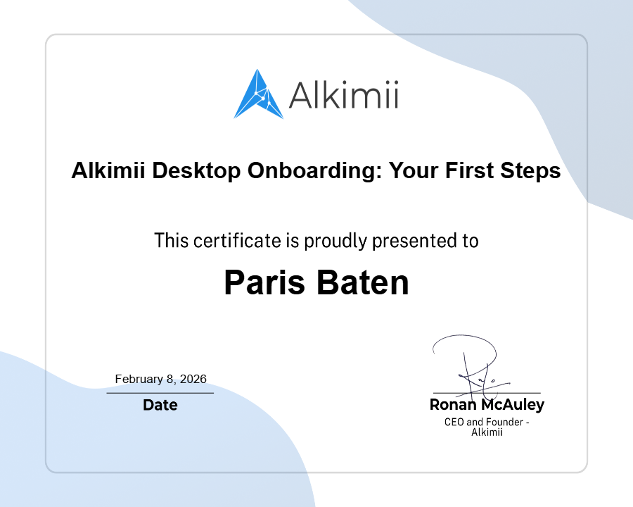 Alkimii Desktop Onboarding: Your First Steps Certificate