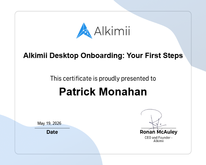 Alkimii Desktop Onboarding: Your First Steps Certificate