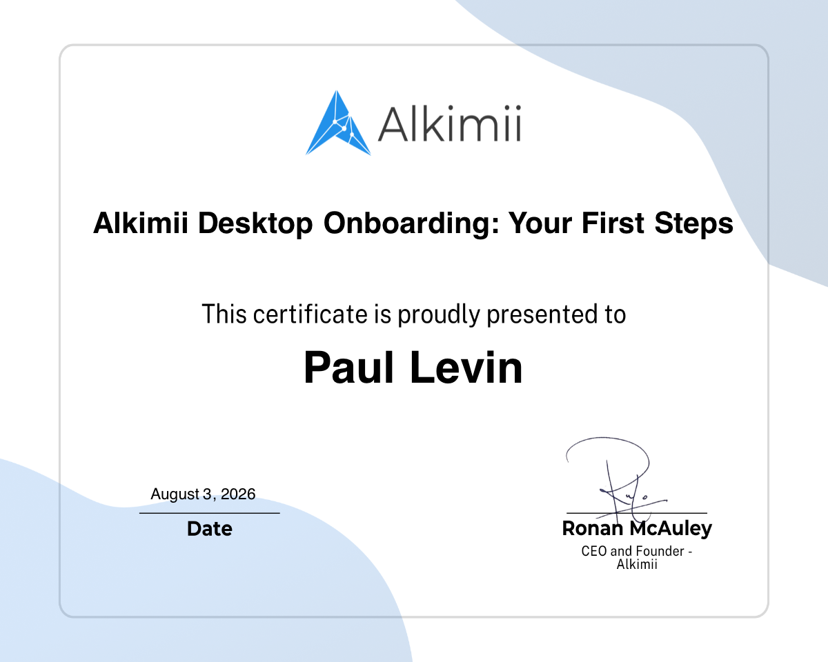 Alkimii Desktop Onboarding: Your First Steps Certificate