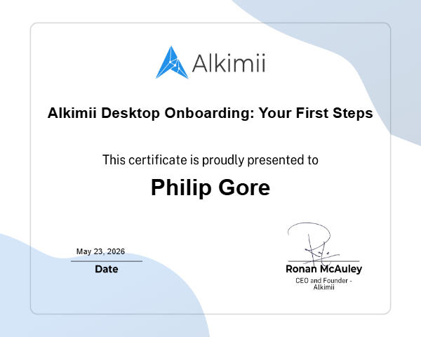 Alkimii Desktop Onboarding: Your First Steps Certificate