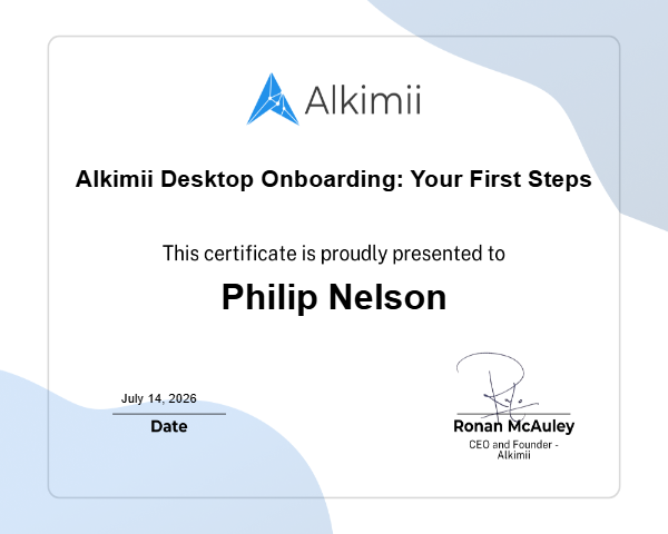 Alkimii Desktop Onboarding: Your First Steps Certificate