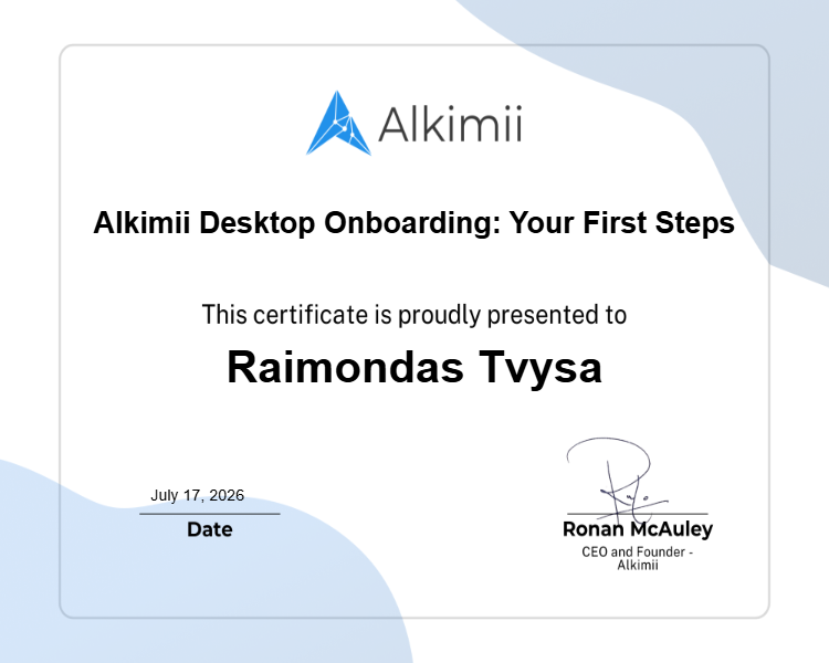 Alkimii Desktop Onboarding: Your First Steps Certificate