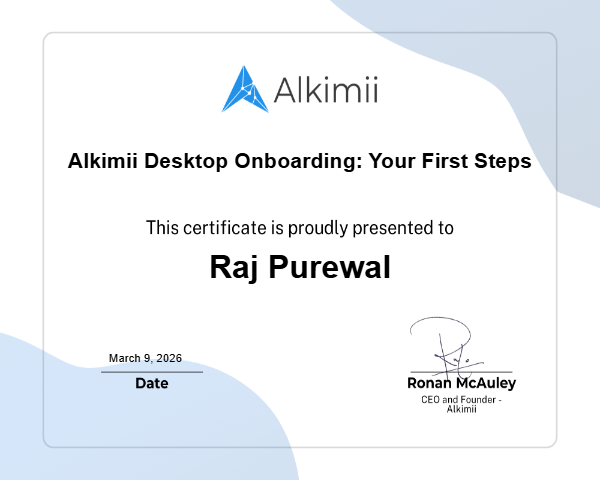 Alkimii Desktop Onboarding: Your First Steps Certificate