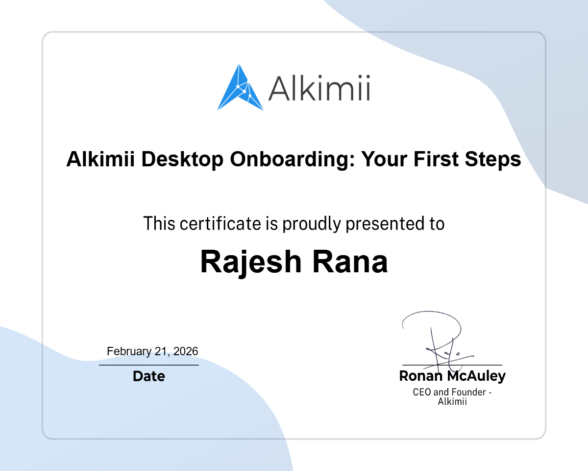 Alkimii Desktop Onboarding: Your First Steps Certificate