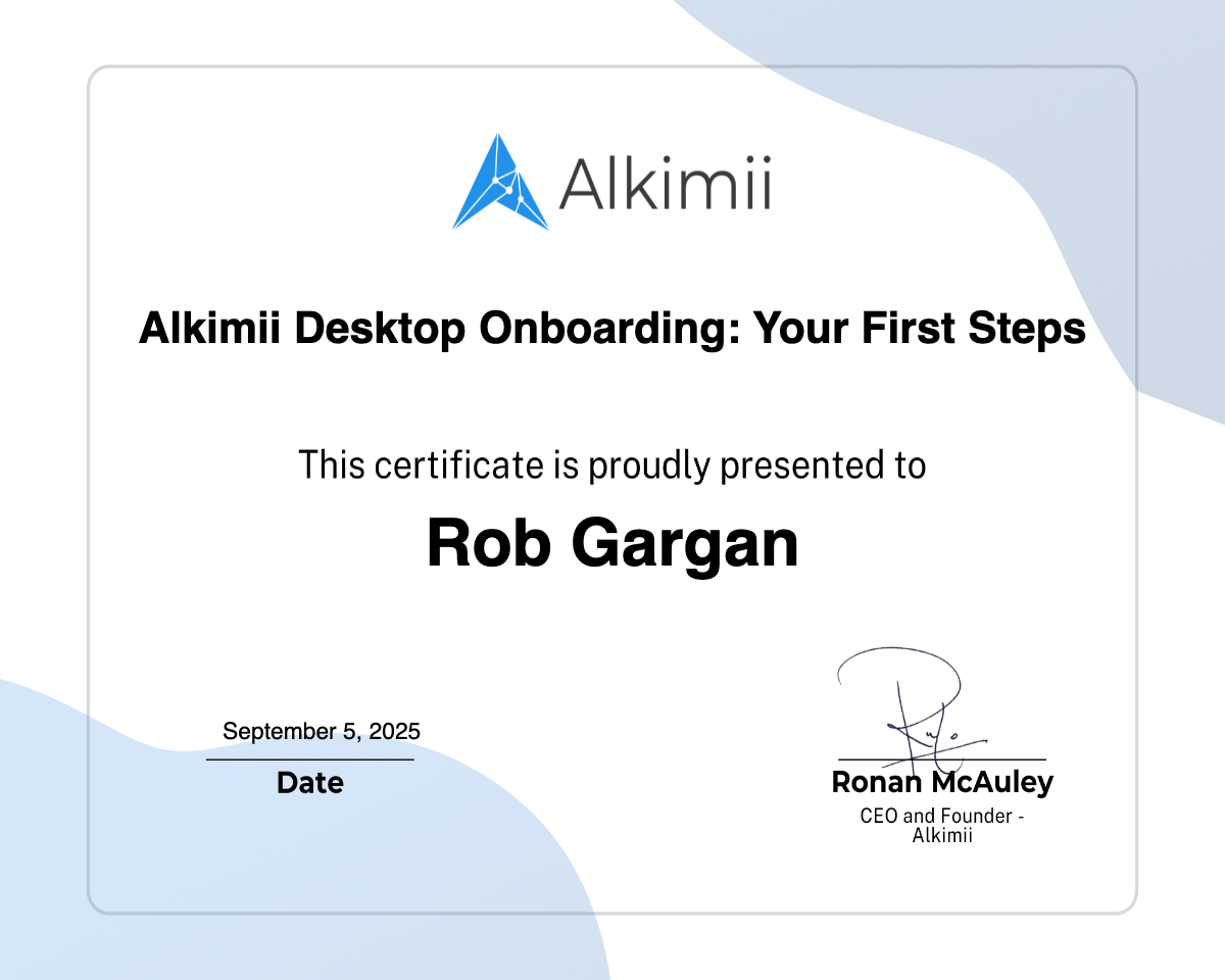 Alkimii Desktop Onboarding: Your First Steps Certificate
