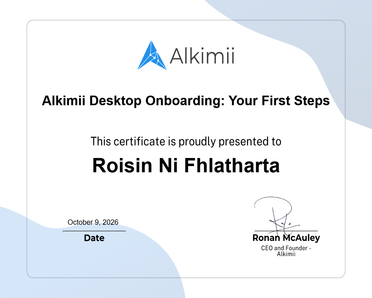 Alkimii Desktop Onboarding: Your First Steps Certificate