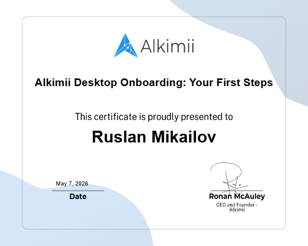 Alkimii Desktop Onboarding: Your First Steps Certificate