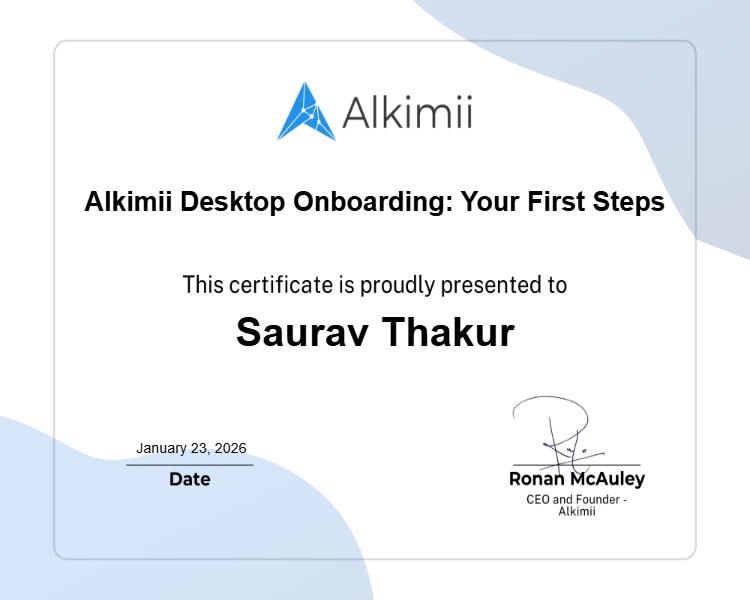 Alkimii Desktop Onboarding: Your First Steps Certificate