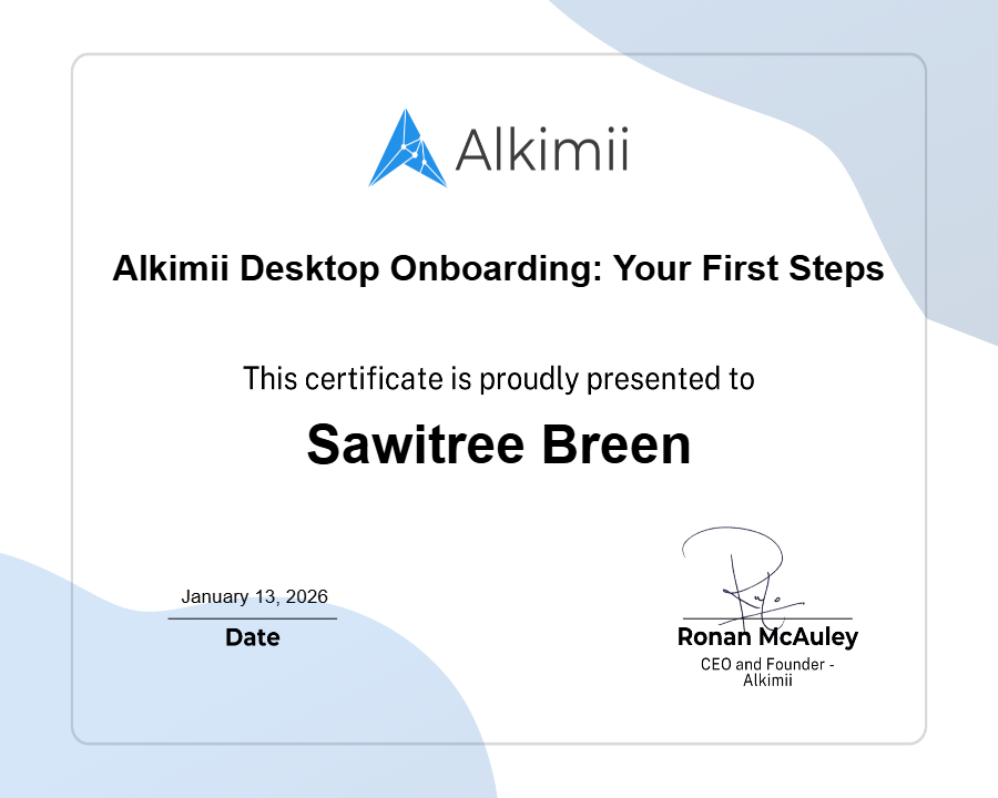 Alkimii Desktop Onboarding: Your First Steps Certificate