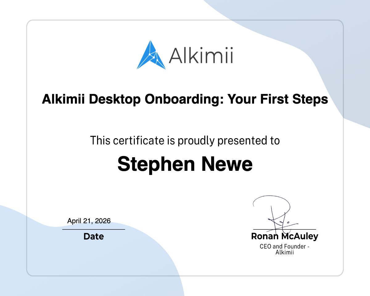 Alkimii Desktop Onboarding: Your First Steps Certificate
