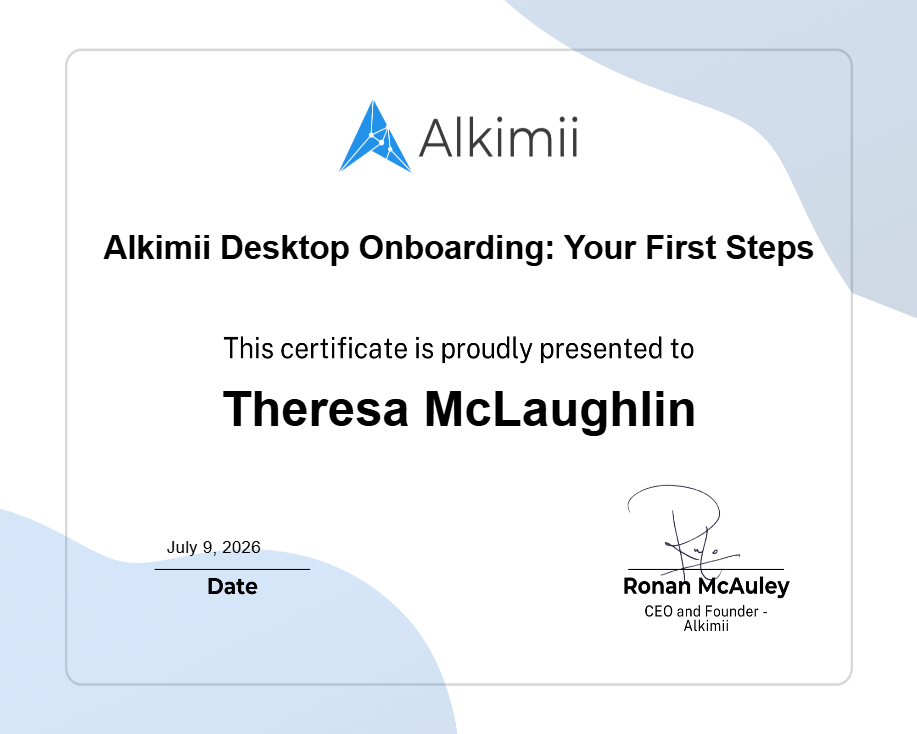 Alkimii Desktop Onboarding: Your First Steps Certificate