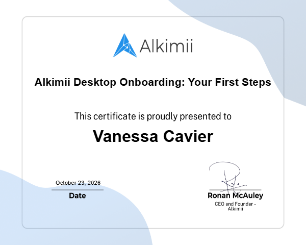 Alkimii Desktop Onboarding: Your First Steps Certificate
