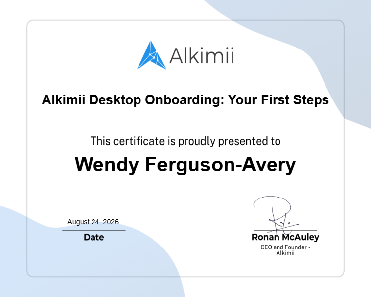 Alkimii Desktop Onboarding: Your First Steps Certificate