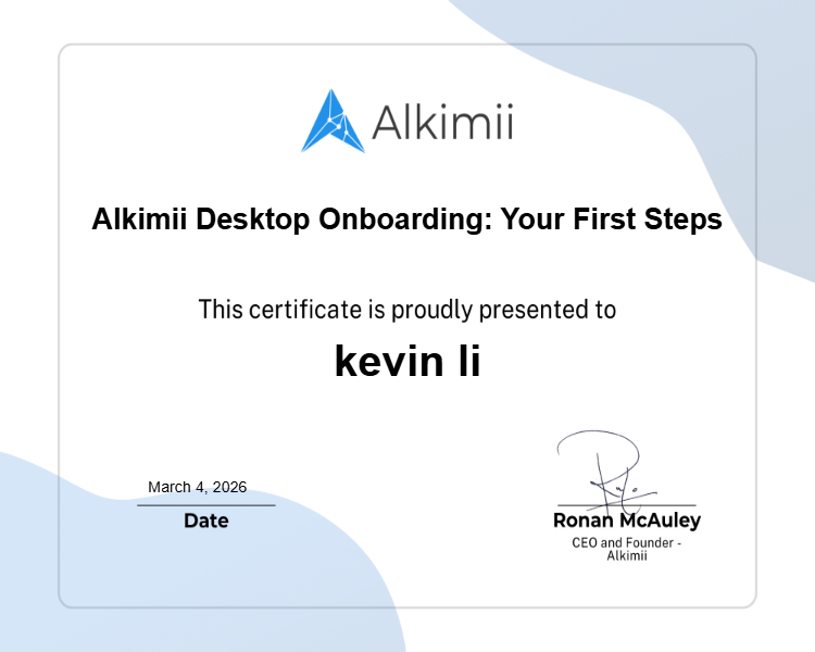 Alkimii Desktop Onboarding: Your First Steps Certificate