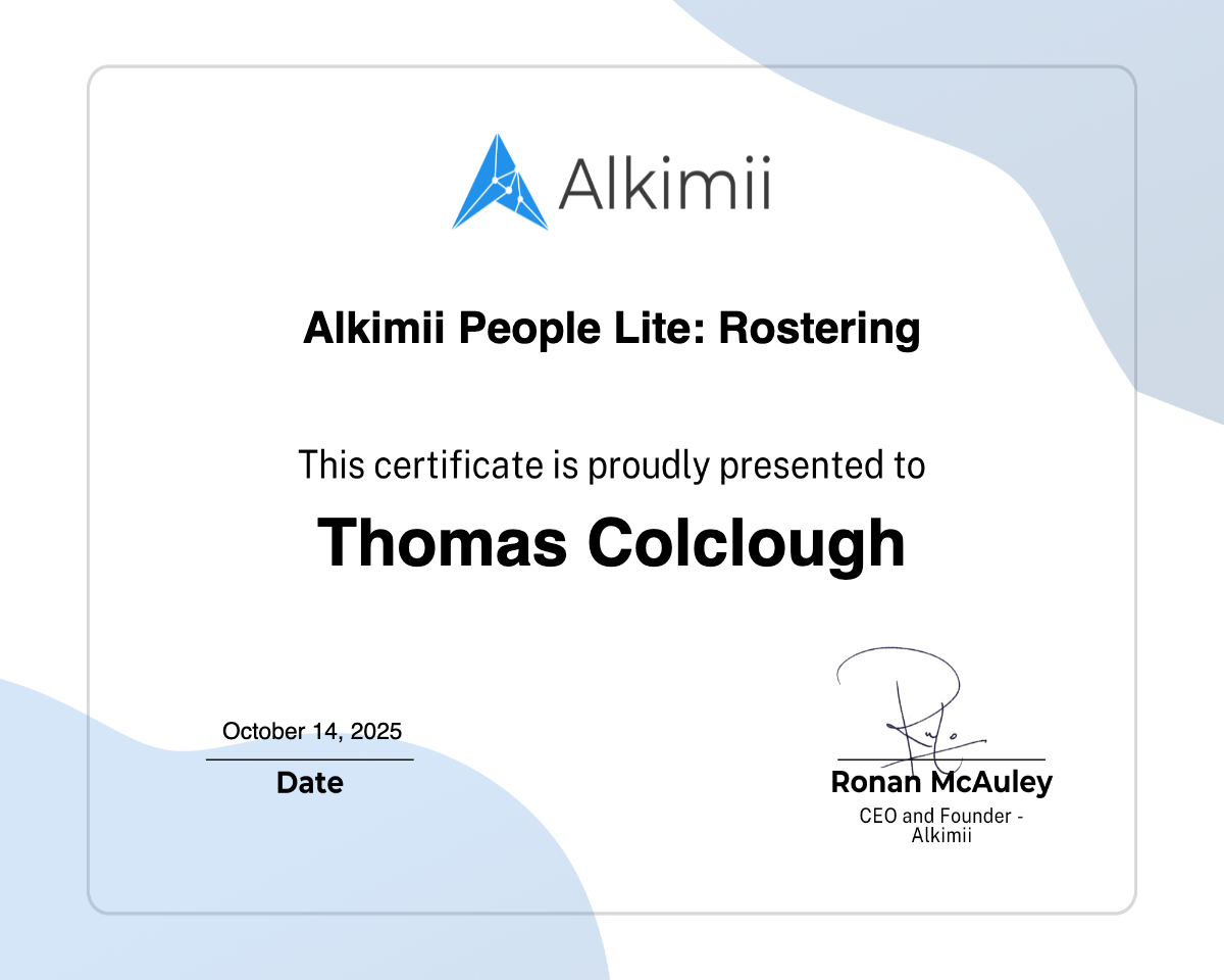 Alkimii People Lite: Rostering Certificate