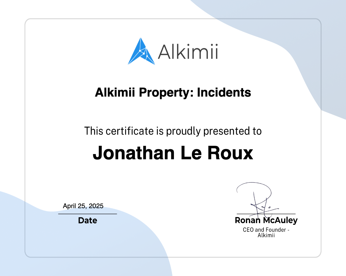 Alkimii Property: Incidents Certificate