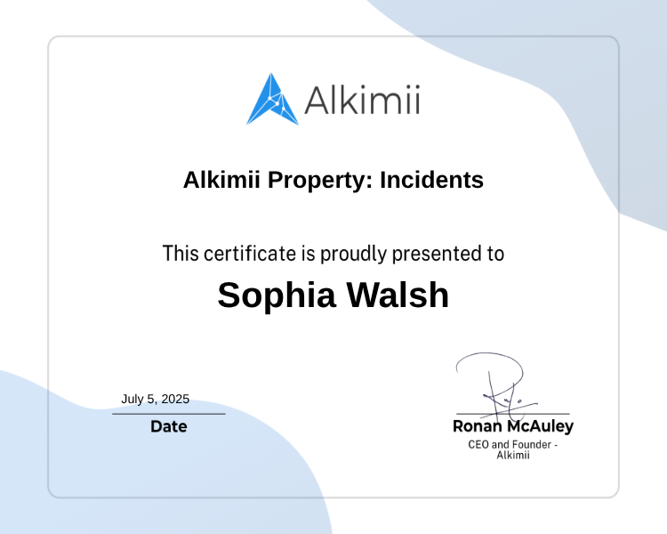 Alkimii Property: Incidents Certificate