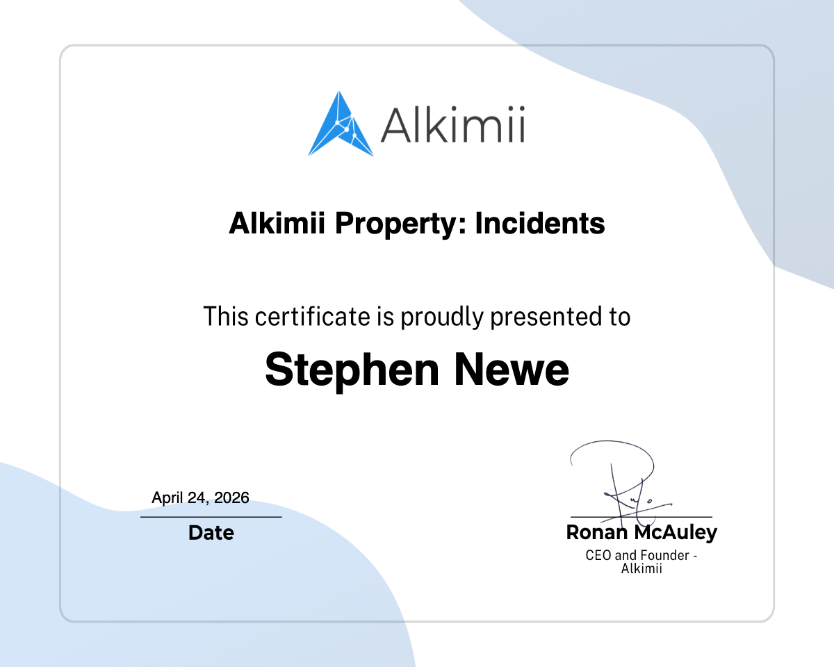Alkimii Property: Incidents Certificate
