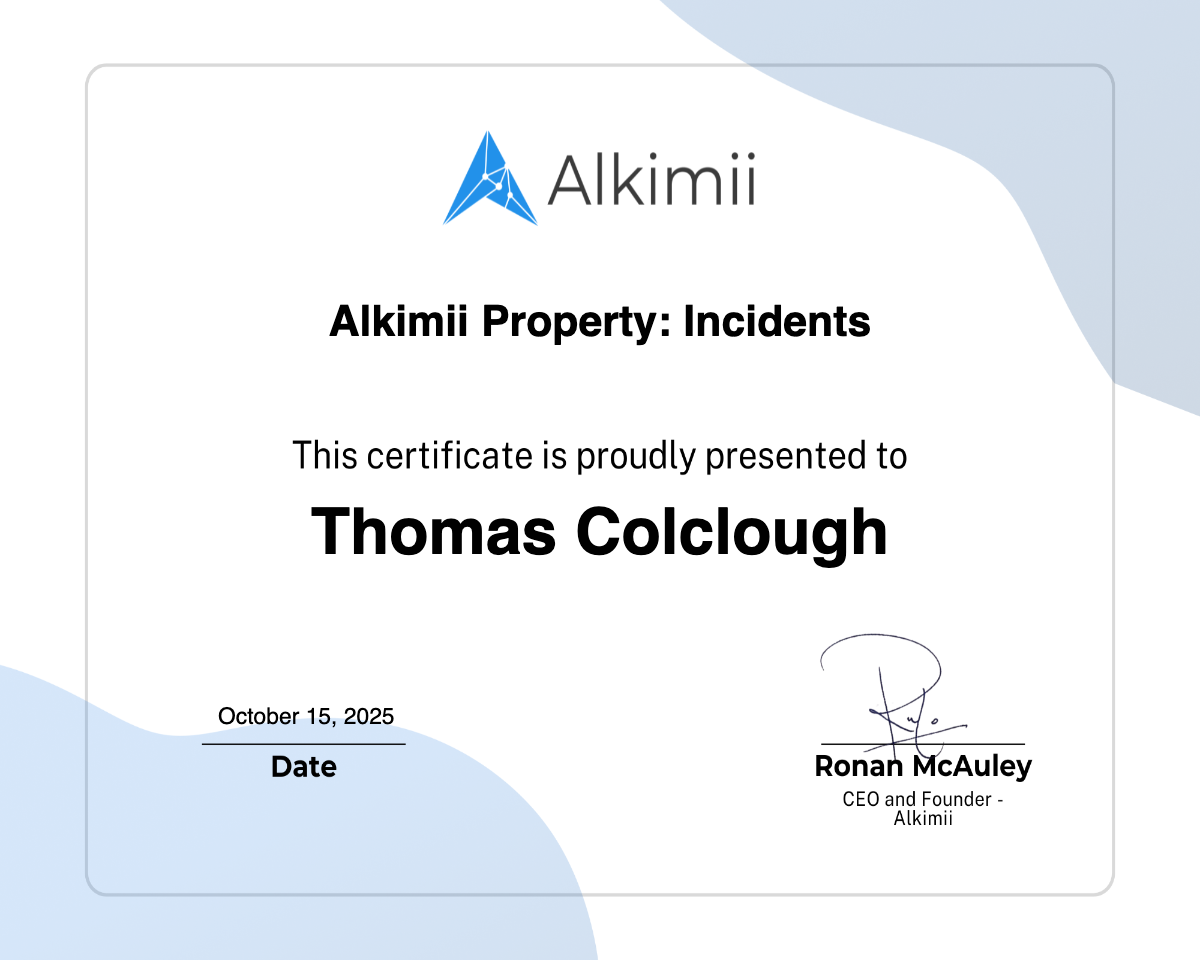 Alkimii Property: Incidents Certificate