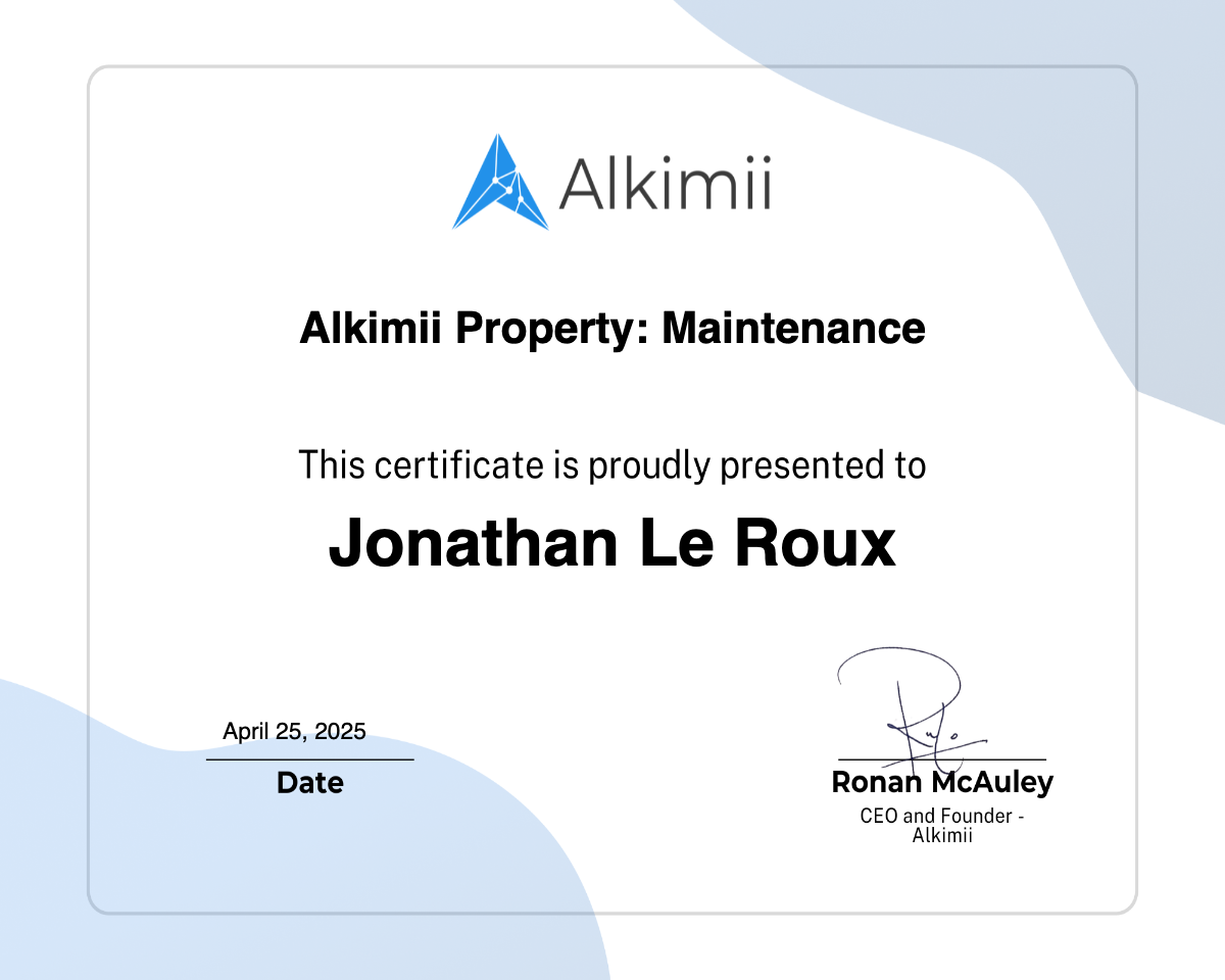 Alkimii Property: Maintenance Certificate
